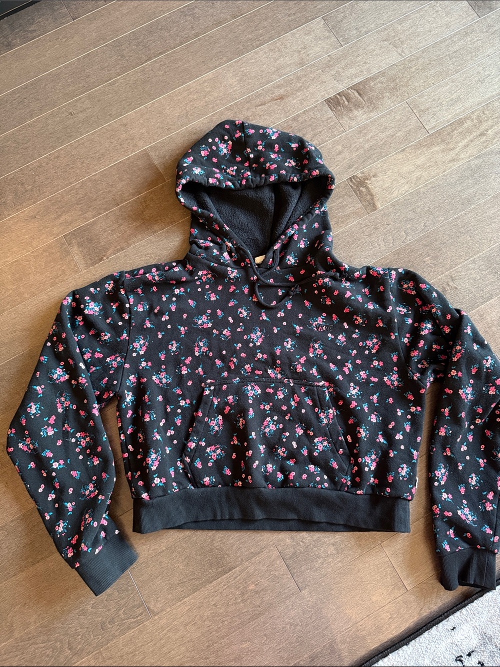 Vans Black Hoodie Sweater with Pink Floral Print - Women